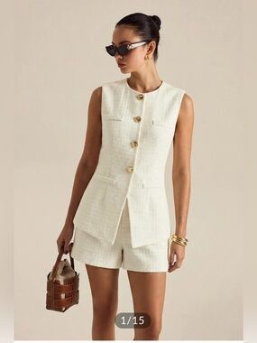 Commense Metal Button Tweed Vest & Short Set
